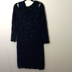 Laura Petites| Dark Blue Floral Mesh Formal Dress With Sequins Peep Shoulders